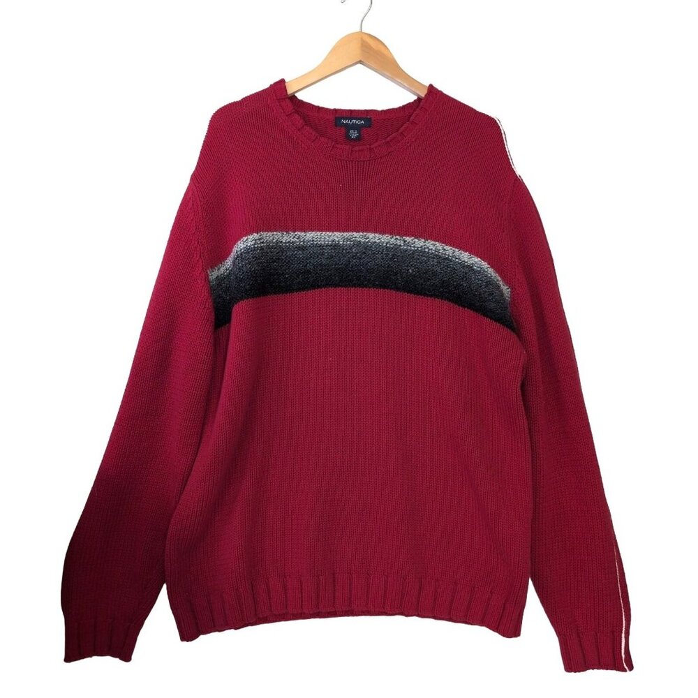 Nautica Crewneck Sweater Mens XL Red Stripe Retro Americana Casual Cotton Blend
